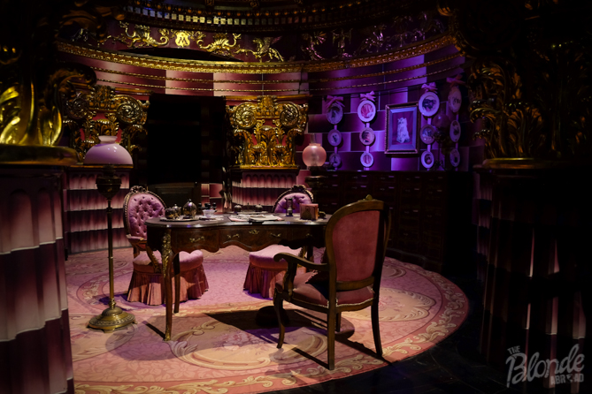 The set of Professor Umbridge's office. They had 40 kittens model to make the plates!