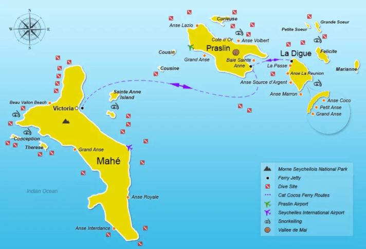 Map of Praslin, Mahe and La Digue Islands