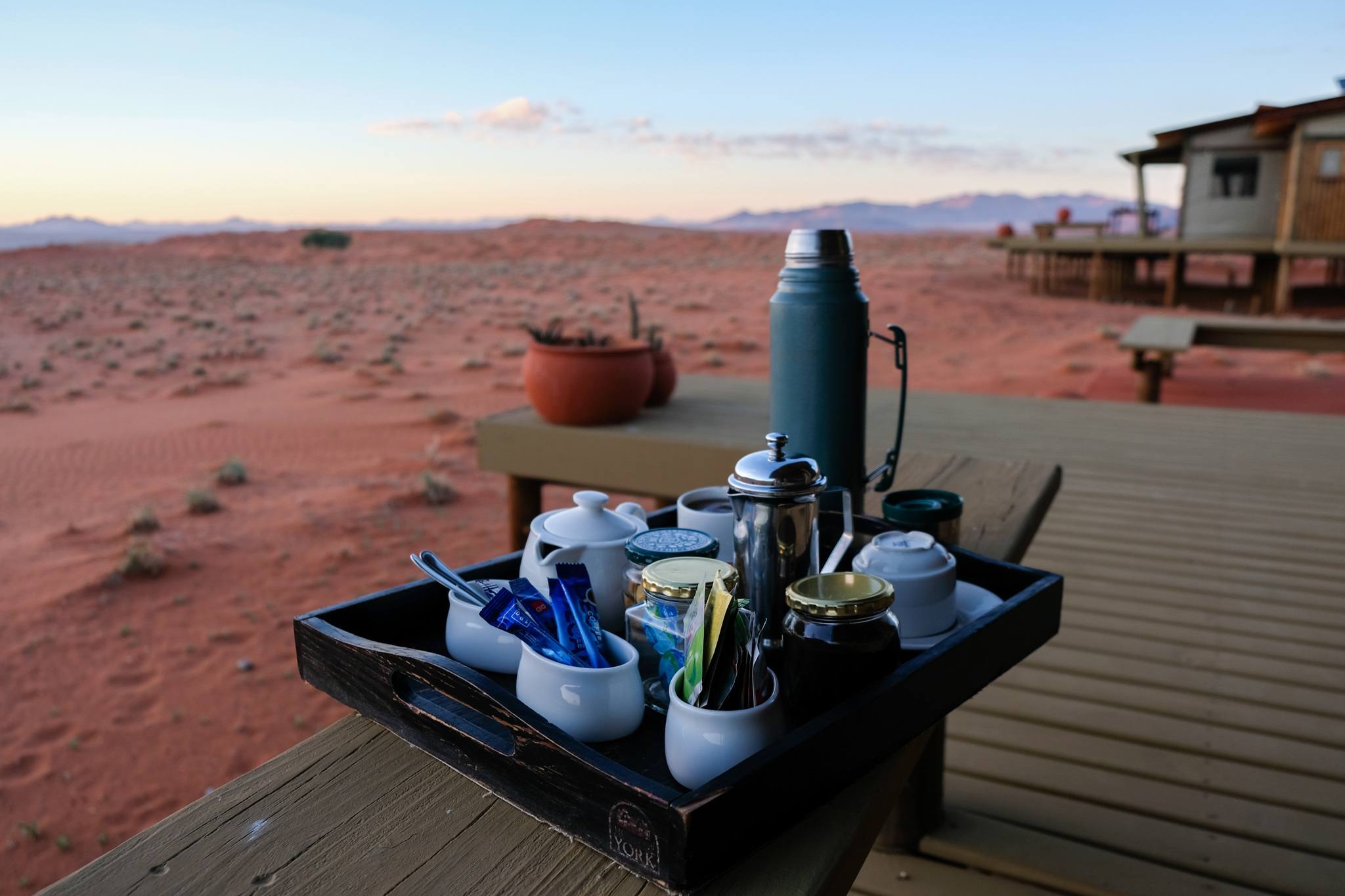 coffee and tea outside at wolwedans dunes lodge