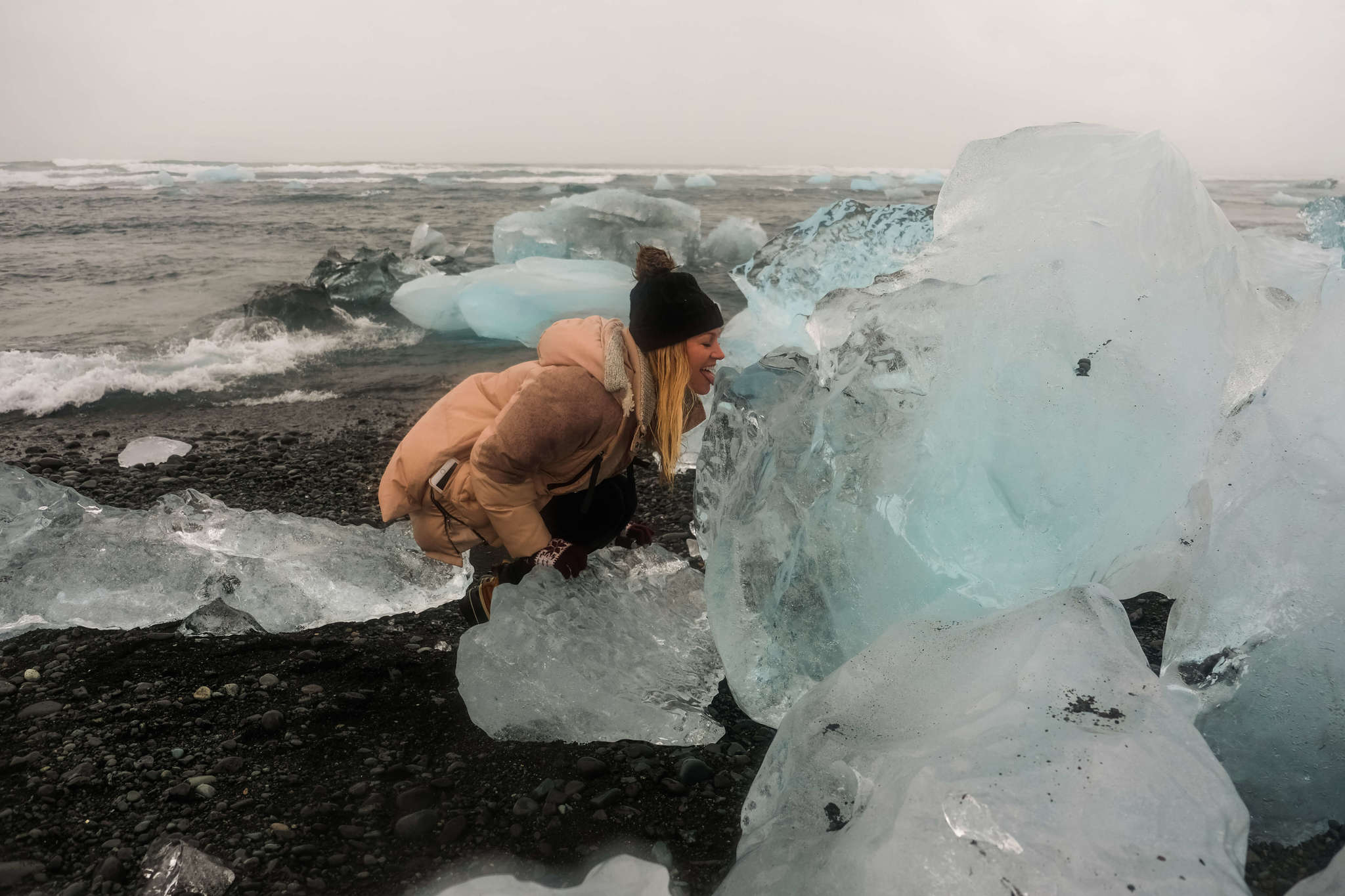 Licking icebergs at Jökulsárlón Glacier Lagoon