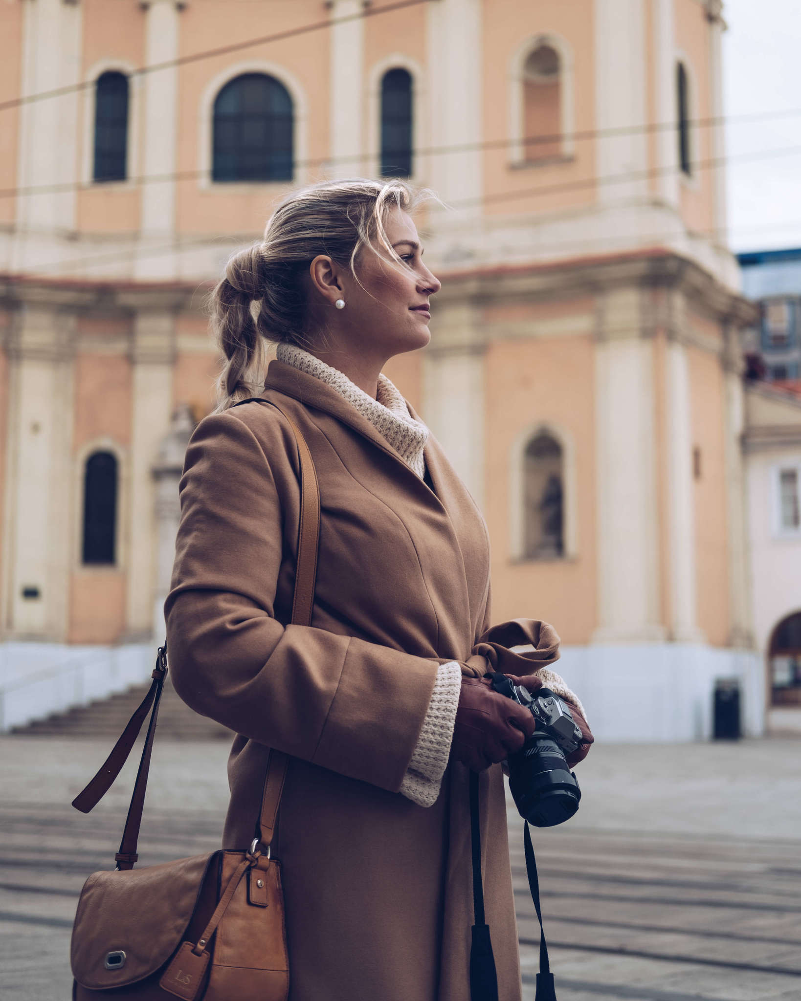 Camel Coat with White Sweater