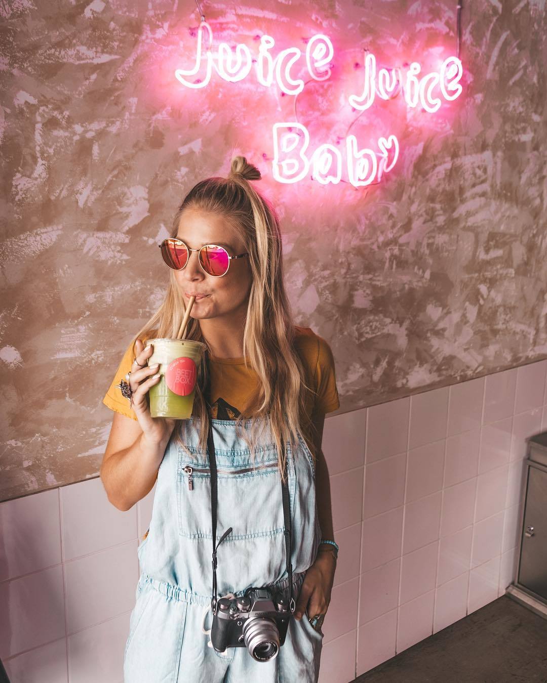 Pink Round Sunglasses and Overalls