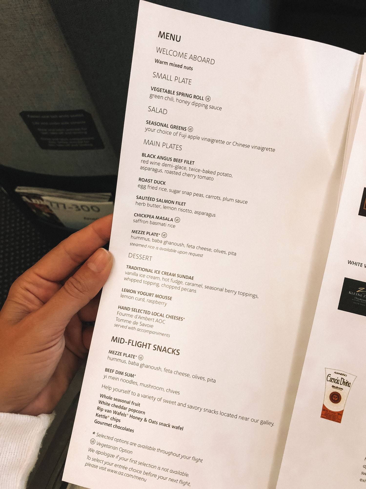 Menu on Hong Kong Business Class