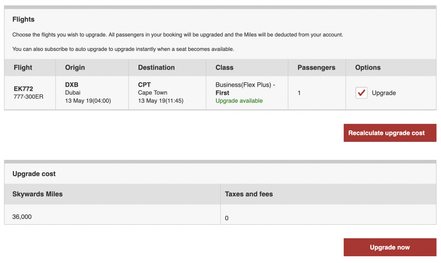 Upgrading Emirates Flight